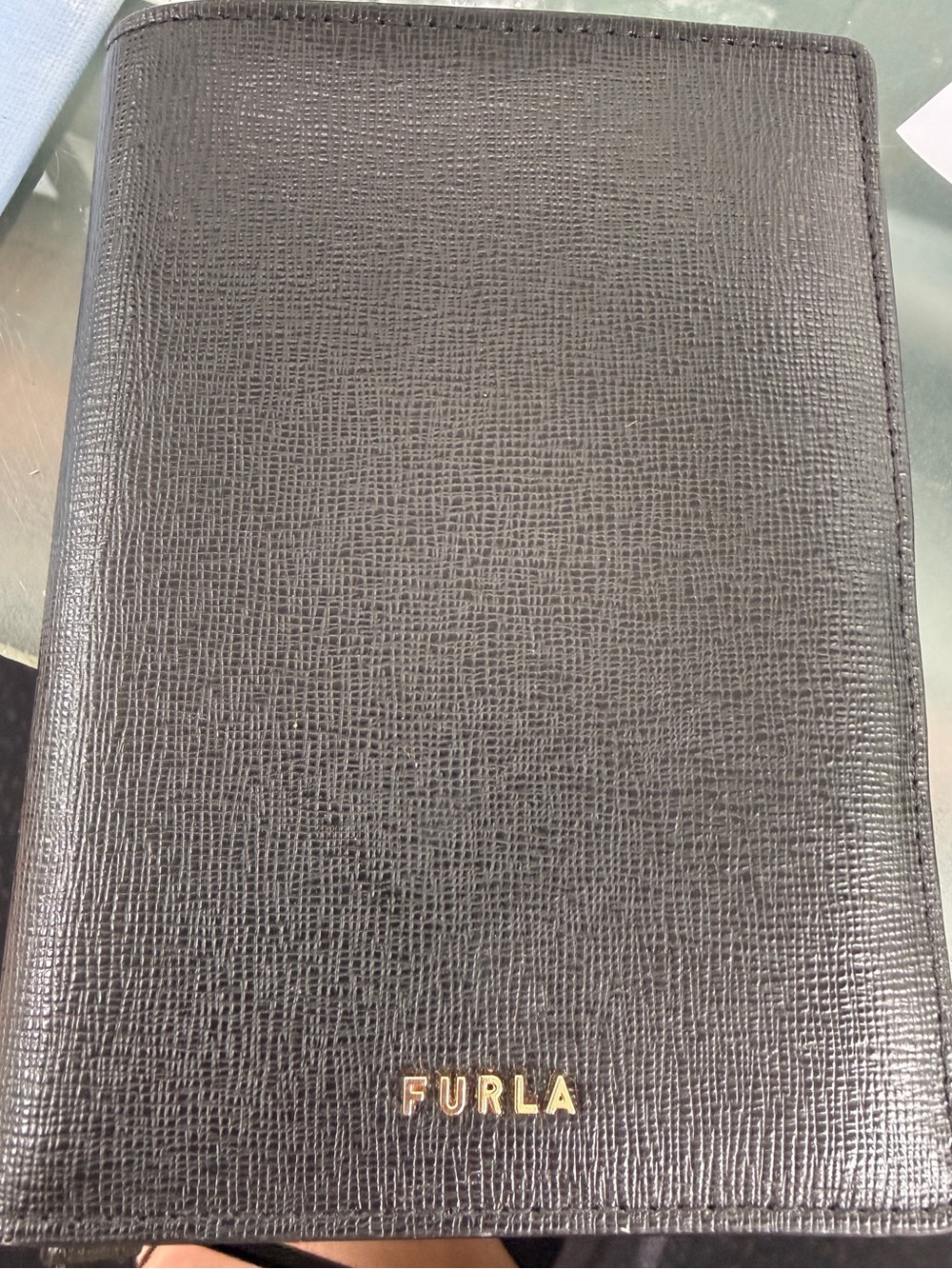 Furla Black Textured Leather Wallet. Unisex. Gold Logo
